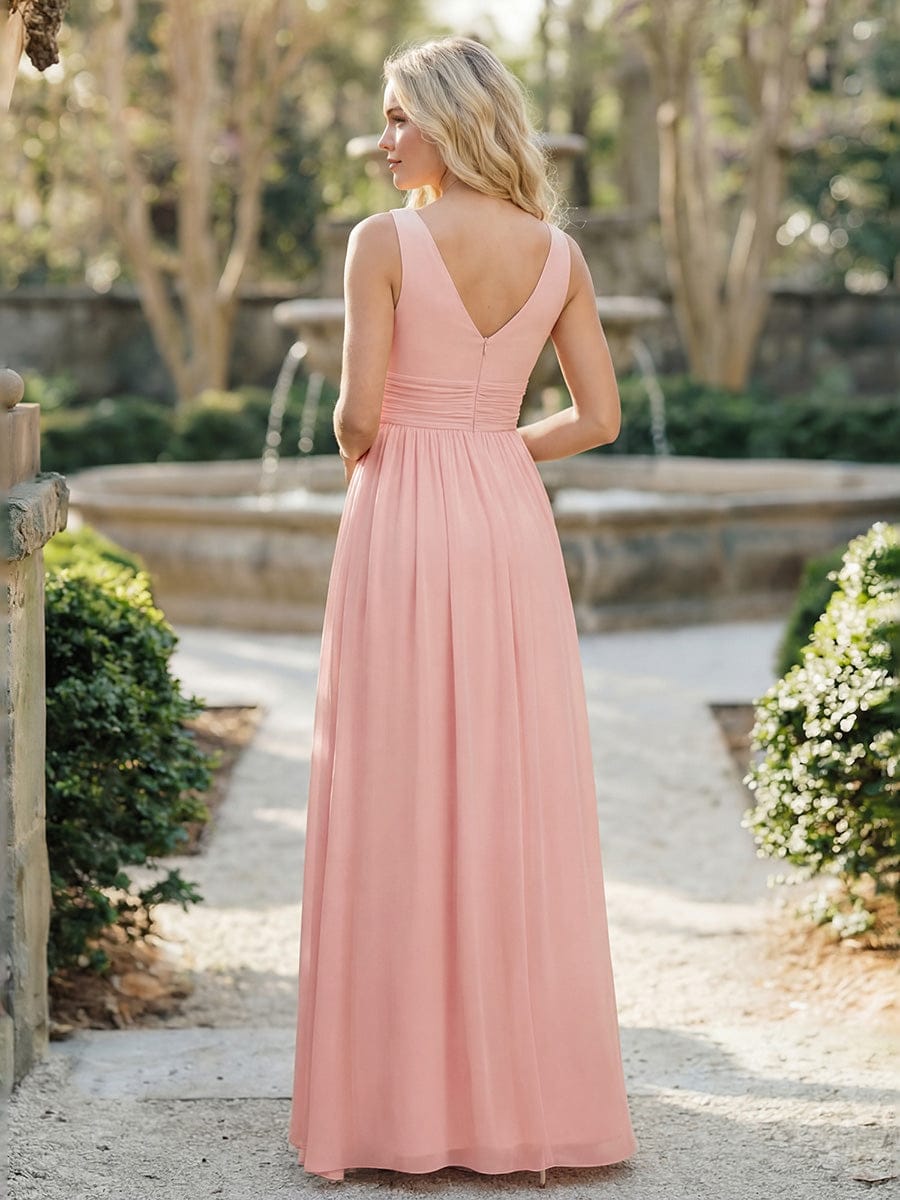 Elegant V Neck A Line Chiffon Maxi Bridesamid Dresses #color_Pink