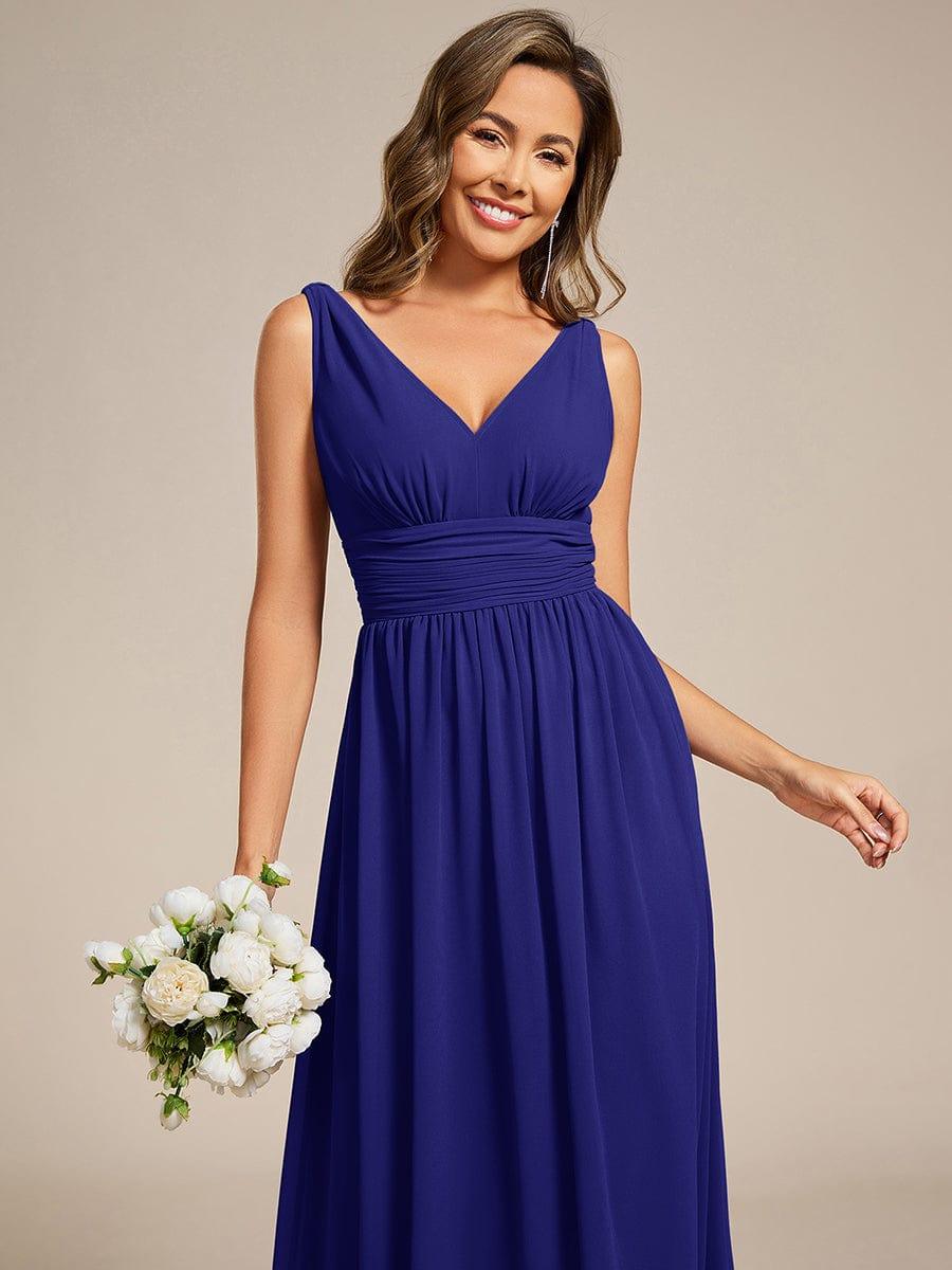 V Neck Sleeveless Pleated Chiffon Maxi Evening Dress #color_Sapphire Blue