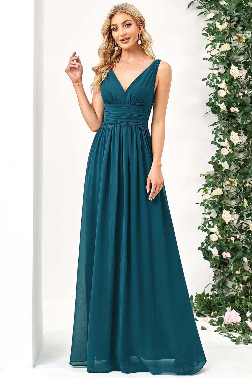 Elegant V Neck A Line Chiffon Maxi Bridesamid Dresses #color_Burnt Orange