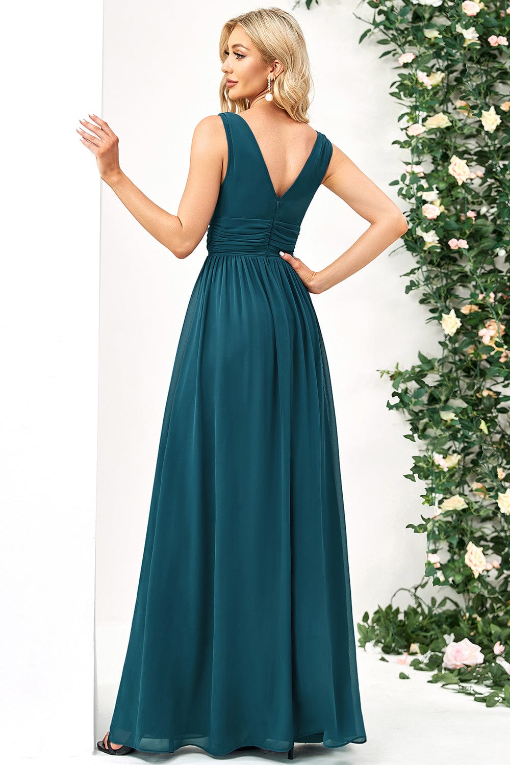 Elegant V Neck A Line Chiffon Maxi Bridesamid Dresses #color_Burnt Orange