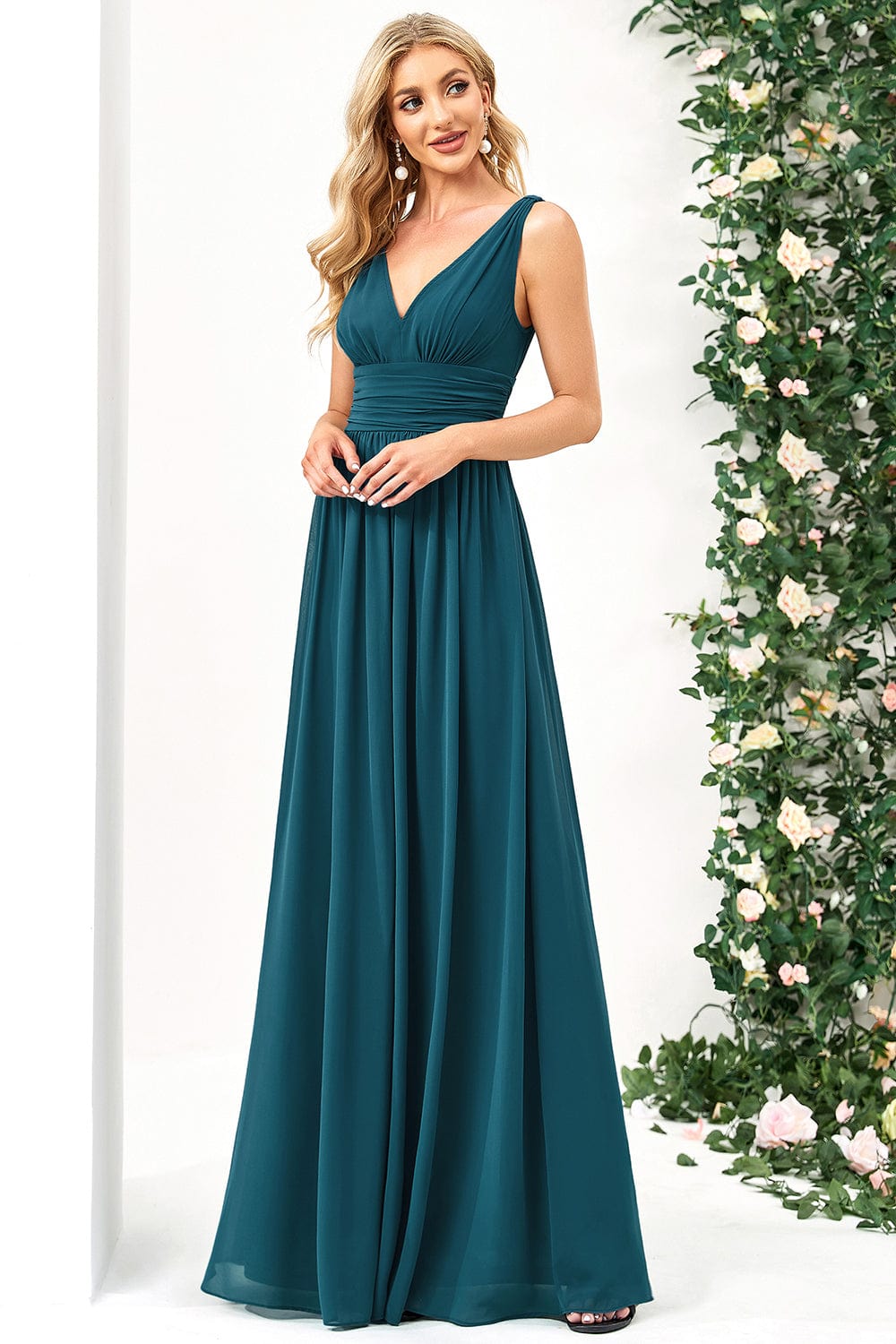 Elegant V Neck A Line Chiffon Maxi Bridesamid Dresses #color_Burnt Orange