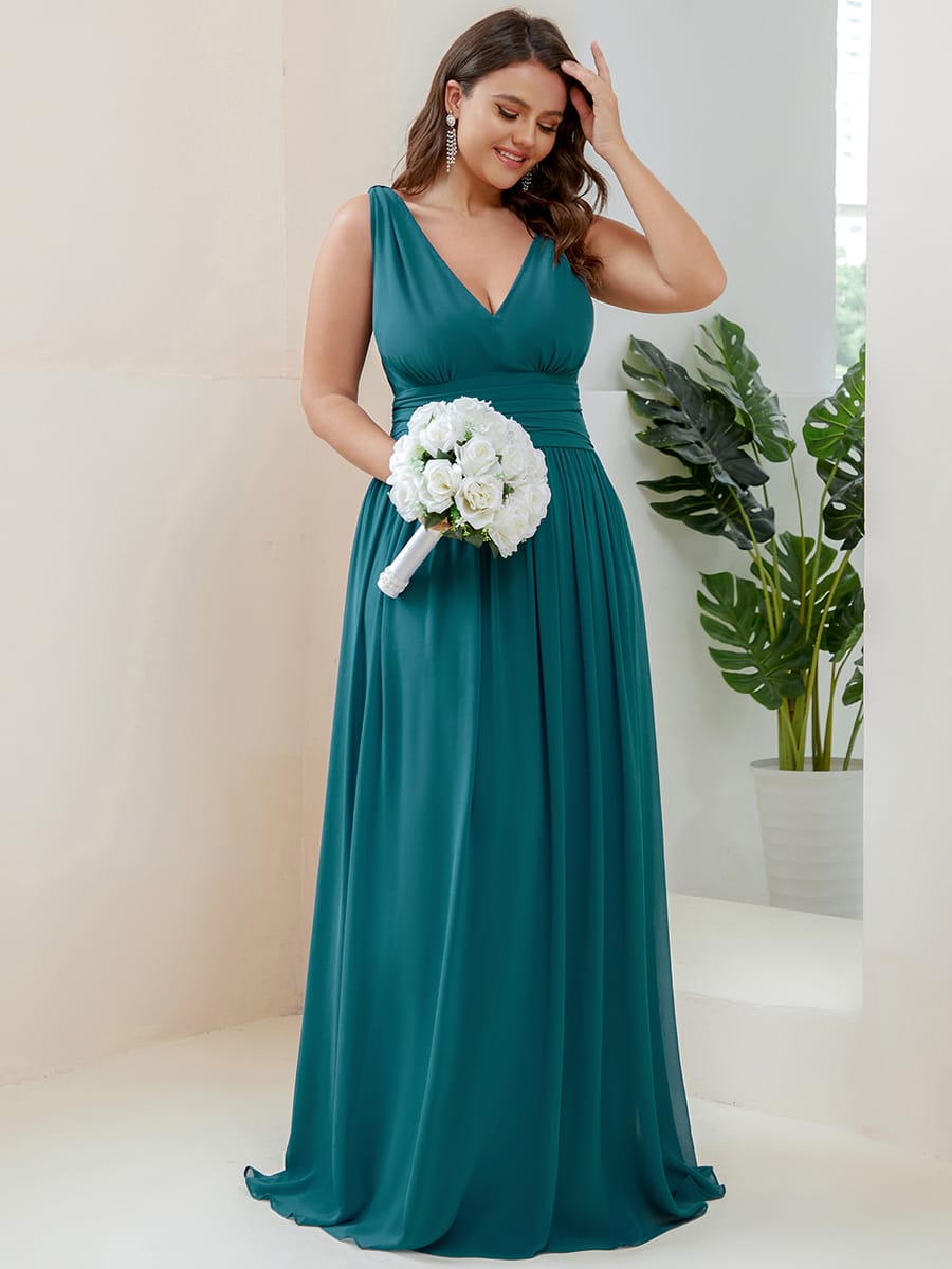V Neck Sleeveless Pleated Chiffon Maxi Evening Dress #color_Teal