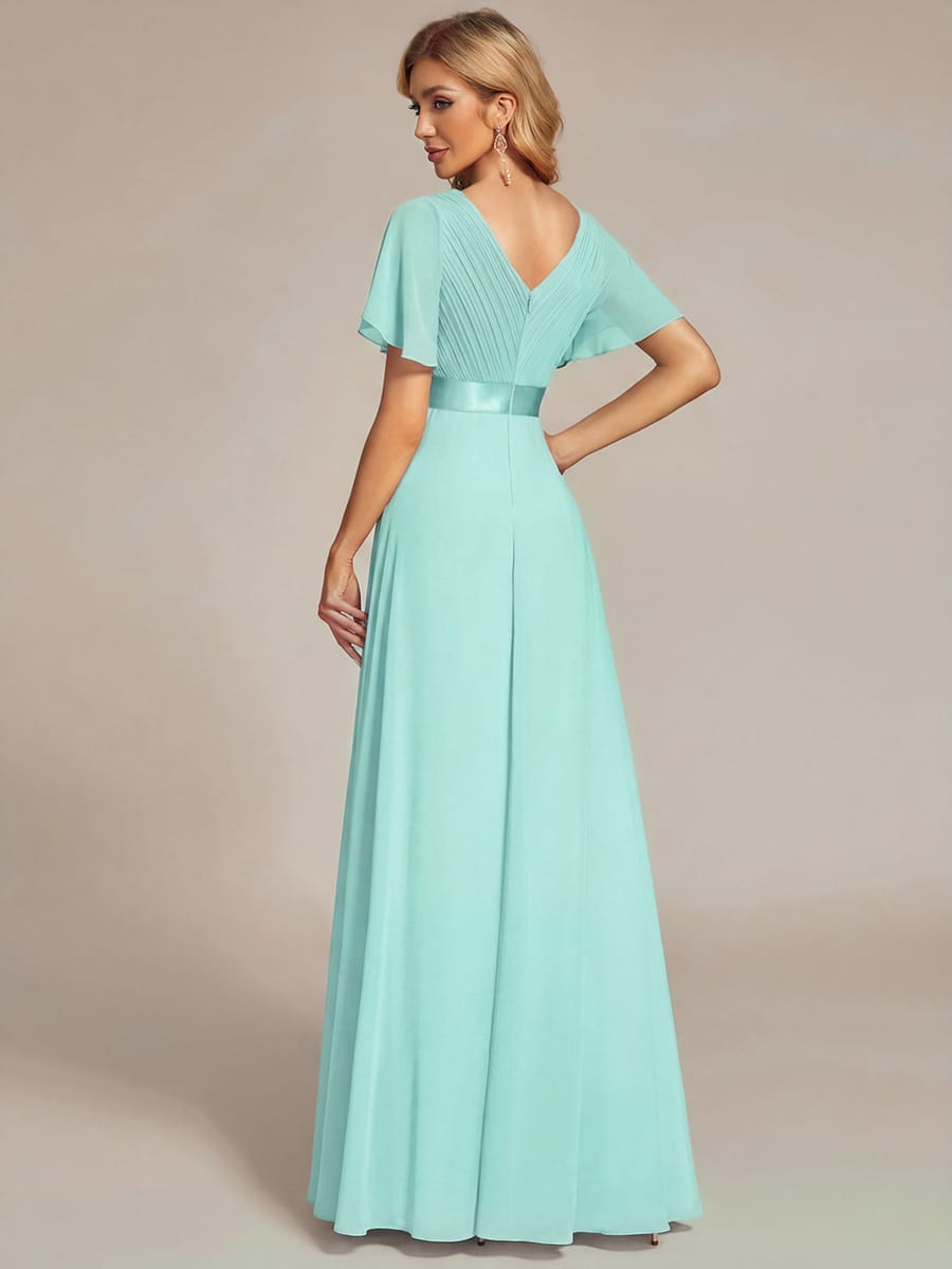 High Waist Short Sleeves Bridesmaid Dress #color_Pastel Blue