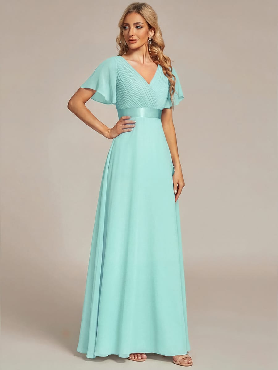 High Waist Short Sleeves Bridesmaid Dress #color_Pastel Blue