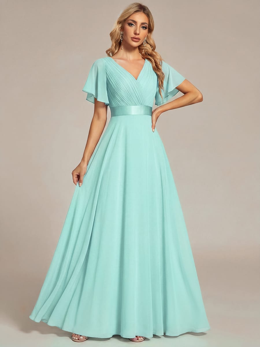 High Waist Short Sleeves Bridesmaid Dress #color_Pastel Blue