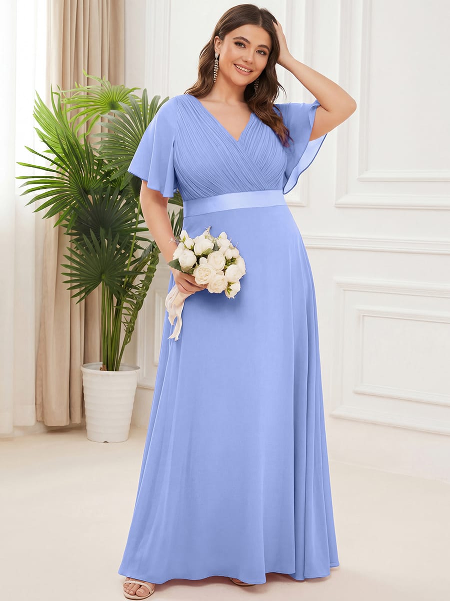 High Waist Short Sleeves Bridesmaid Dress #color_Cornflower Blue