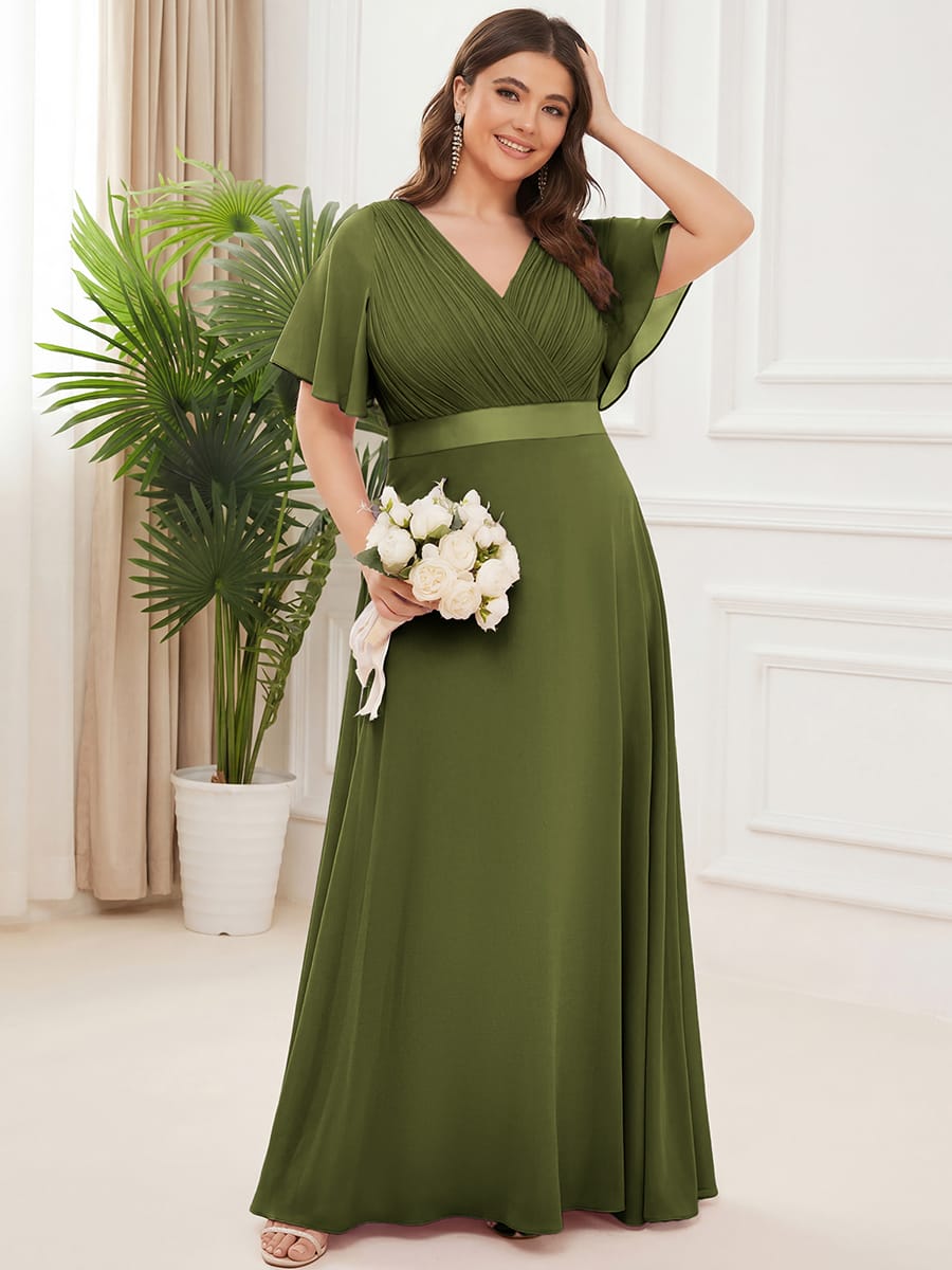 High Waist Short Sleeves Bridesmaid Dress #color_Olive Green