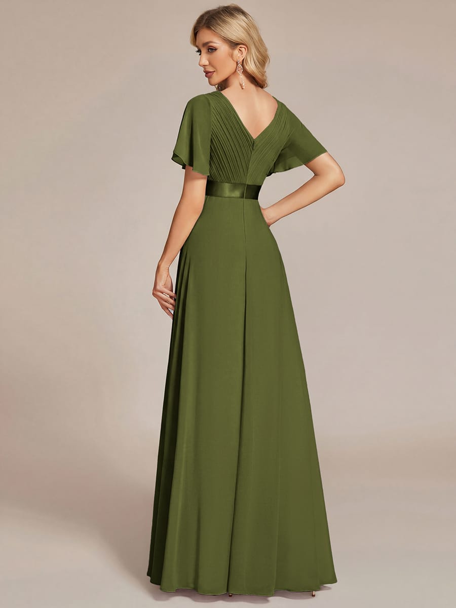 High Waist Short Sleeves Bridesmaid Dress #color_Olive Green