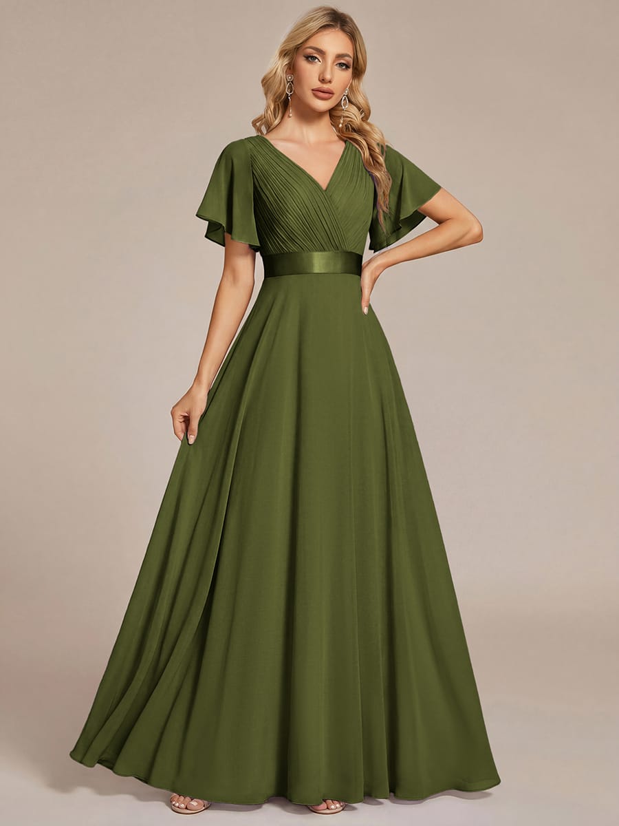 High Waist Short Sleeves Bridesmaid Dress #color_Olive Green