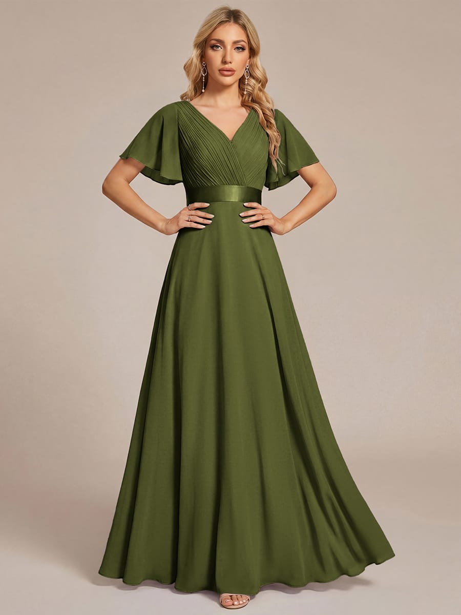 High Waist Short Sleeves Bridesmaid Dress #color_Olive Green