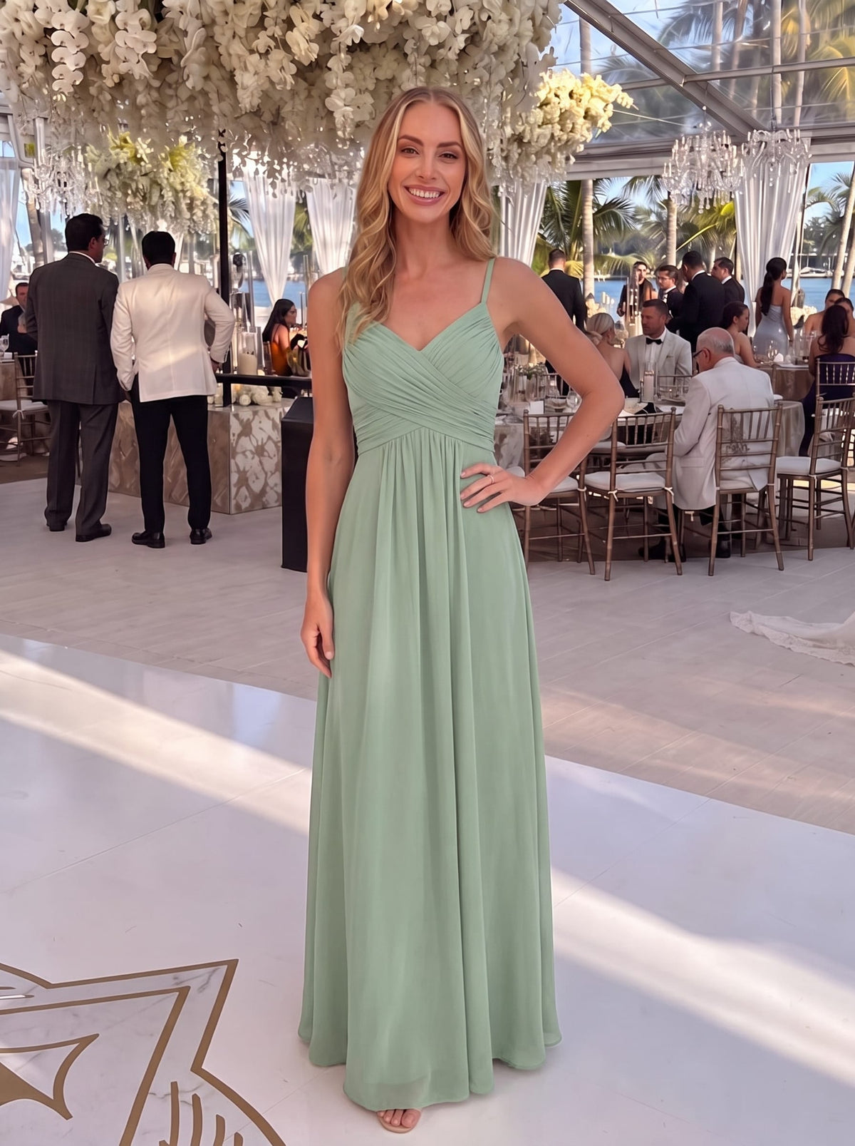 Sweetheart Draped Back Floor Length Bridesmaid Dress #color_Mint Green