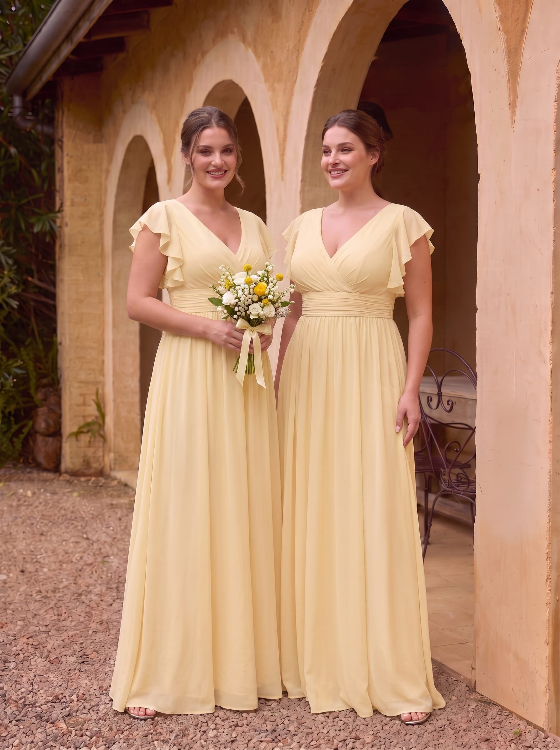 Elegant V-Neck Open Back Chiffon Bridesmaid Dress with Ruffled Sleeves #color_Yellow