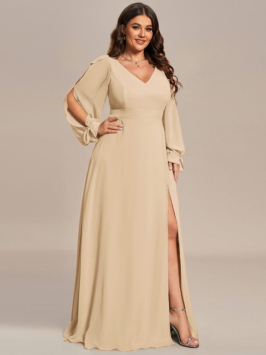 Gentle Split Sleeve Low Back Thigh Slit Bridesmaid Dress #color_Champagne