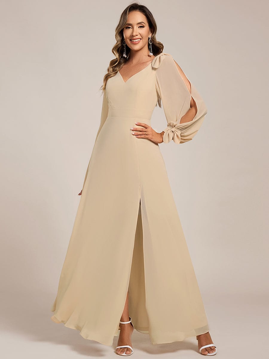 Gentle Split Sleeve Low Back Thigh Slit Bridesmaid Dress #color_Champagne