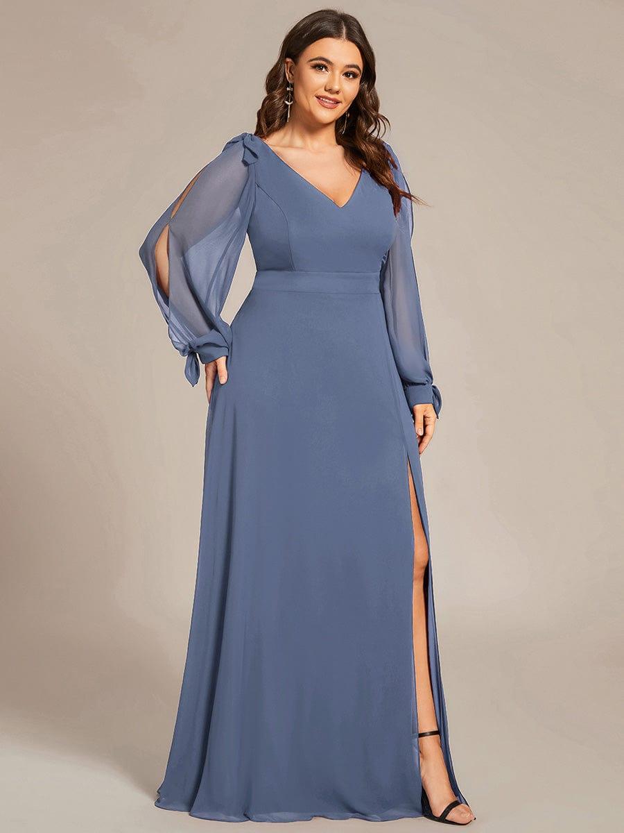 Gentle Split Sleeve Low Back Thigh Slit Bridesmaid Dress in Dusty Blue #color_Dusty Blue