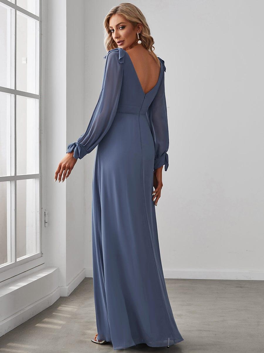Gentle Split Sleeve Low Back Thigh Slit Bridesmaid Dress in Dusty Blue #color_Dusty Blue