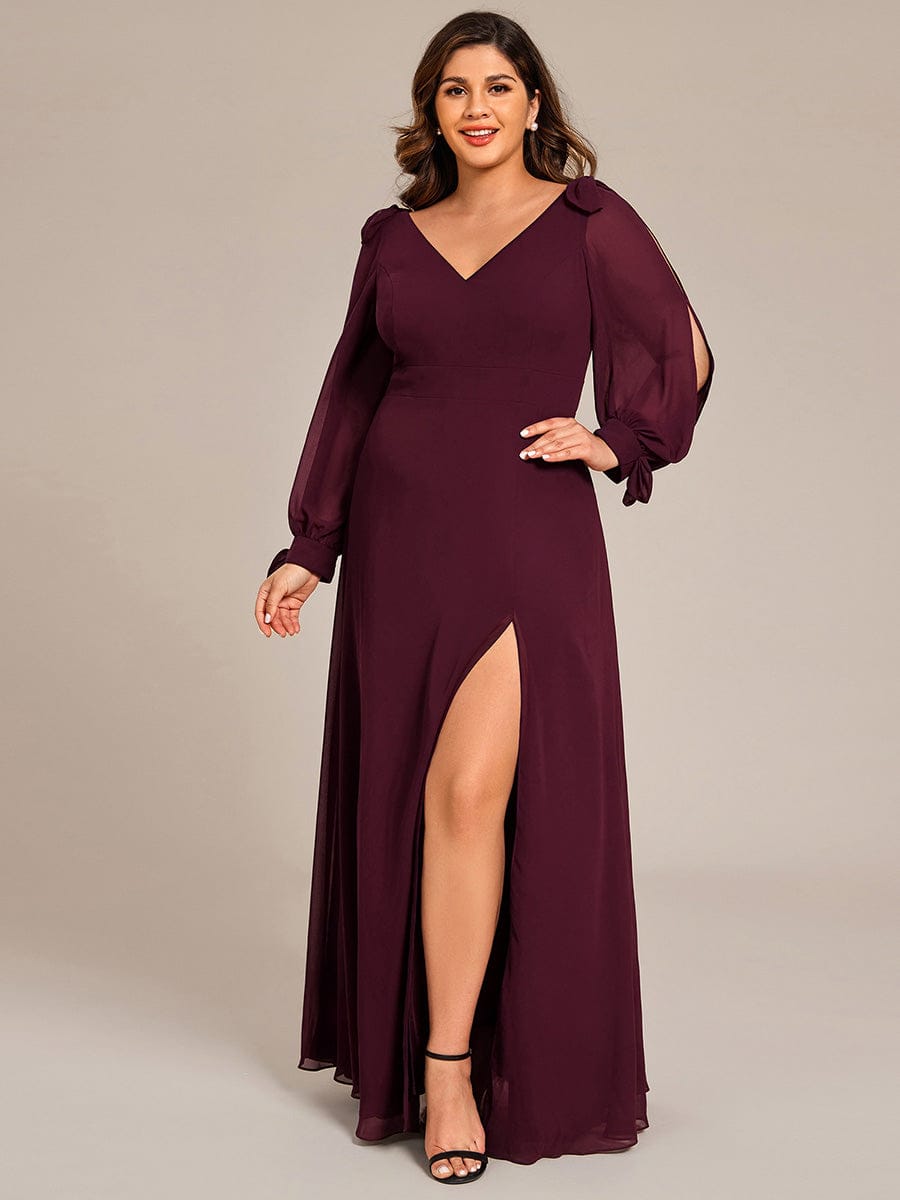 Gentle Split Sleeve Low Back Thigh Slit Dress in Dark Green #color_Mulberry