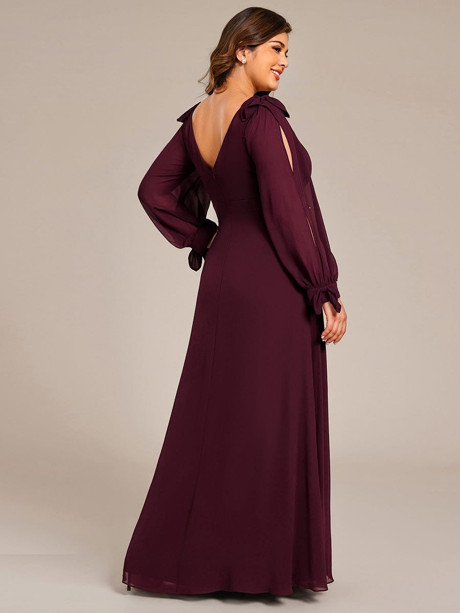 Gentle Split Low Back Thigh Slit Long Sleeve Wedding Guest Dress #color_Mulberry