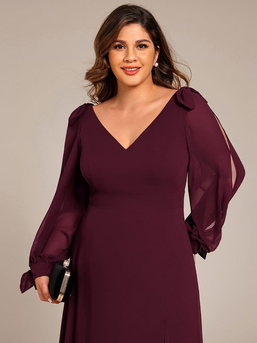 Plus Size Split Long Sleeve V-Neck Bridesmaid Dress #color_Mulberry