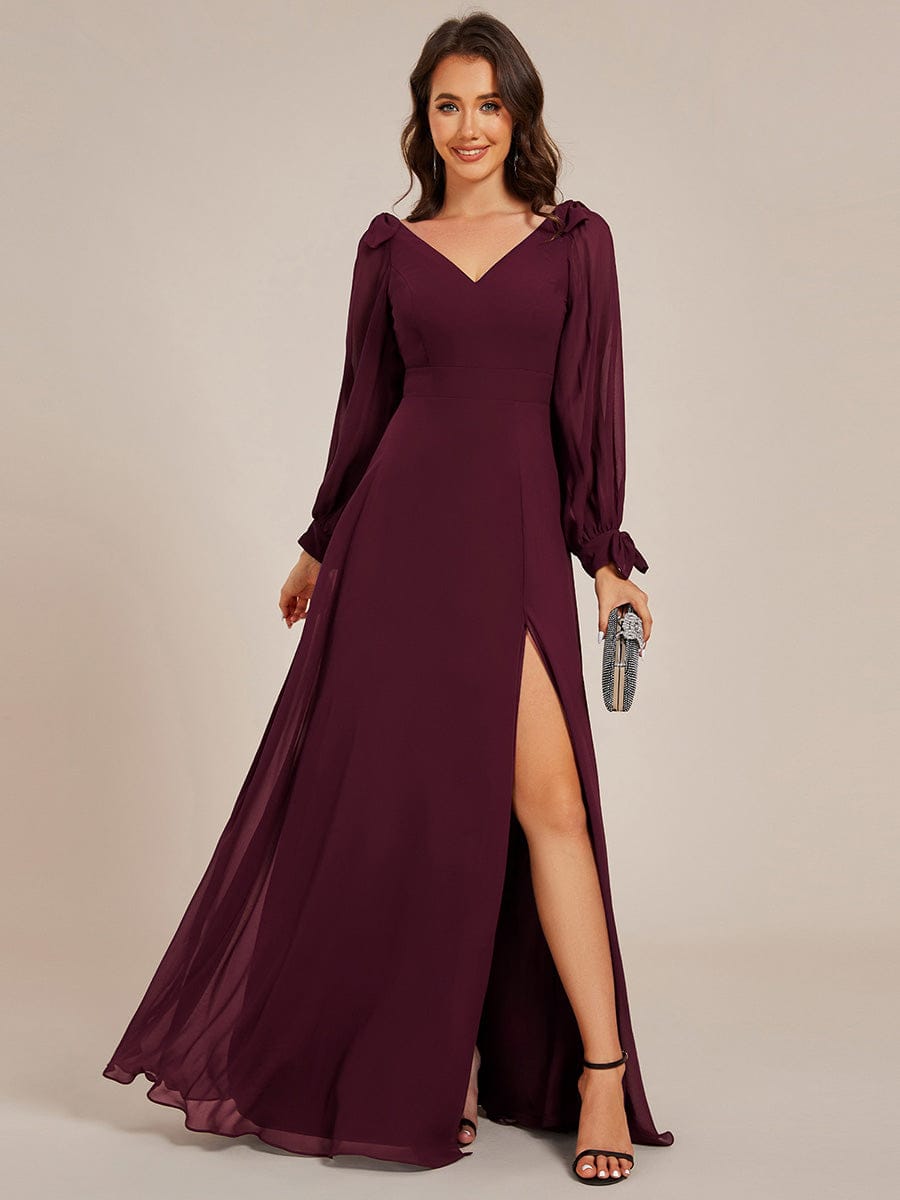 Gentle Split Sleeve Low Back Thigh Slit Dress in Dark Green #color_Mulberry