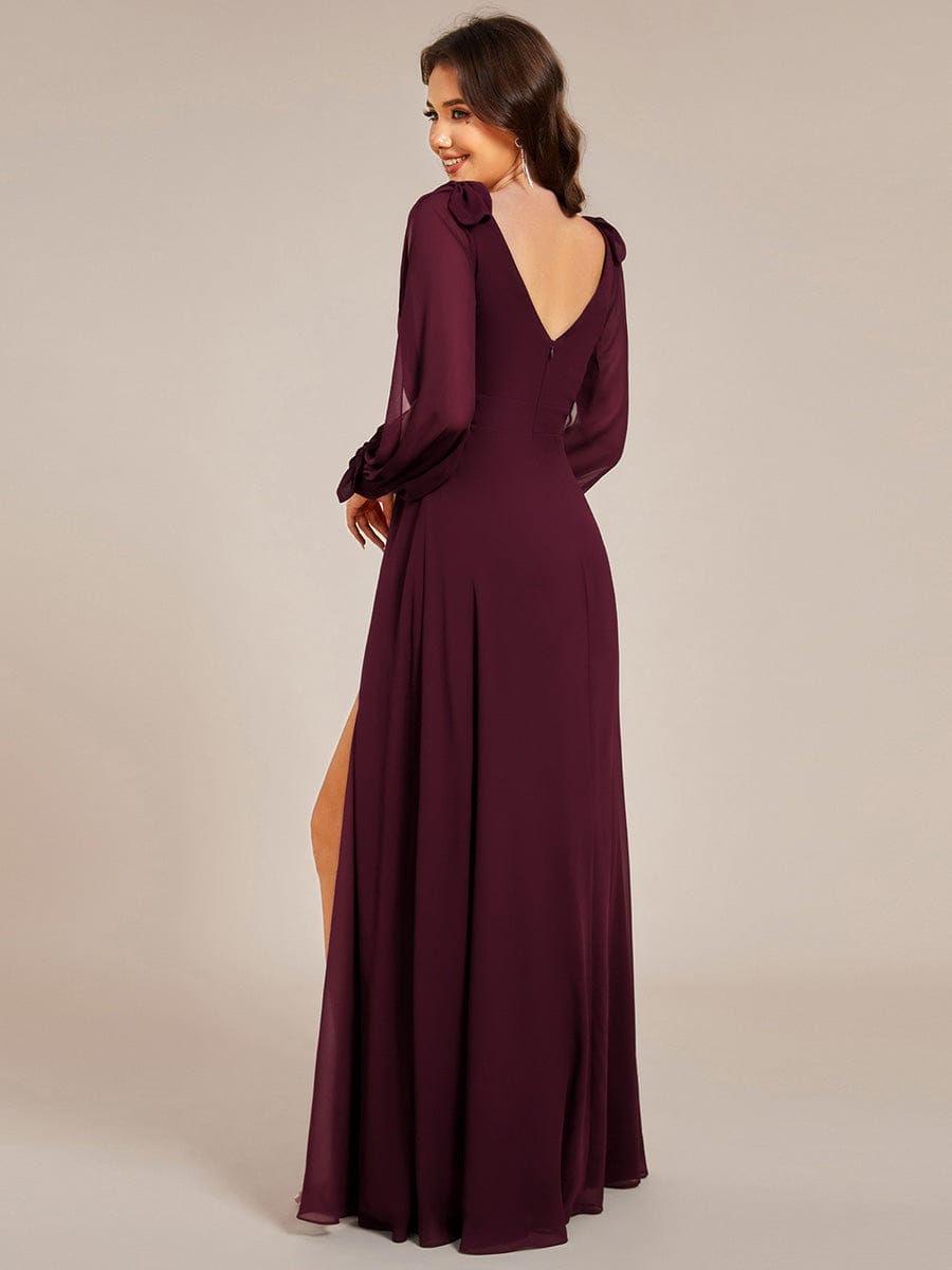 Gentle Split Low Back Thigh Slit Long Sleeve Wedding Guest Dress #color_Mulberry