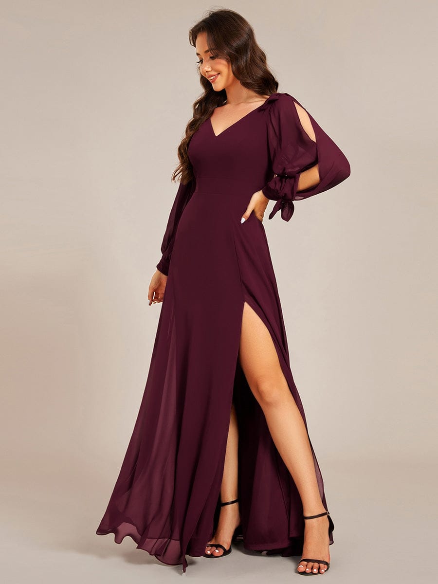 Gentle Split Sleeve Low Back Thigh Slit Dress in Dark Green #color_Mulberry