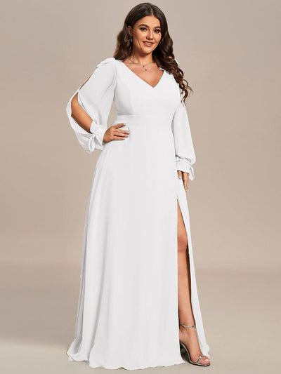 Plus Size Split Long Sleeve V-Neck Bridesmaid Dress #color_White