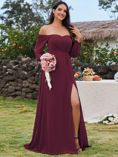 Long-Sleeved Chiffon Off Shoulder Evening Dresses with High Slit #color_Burgundy