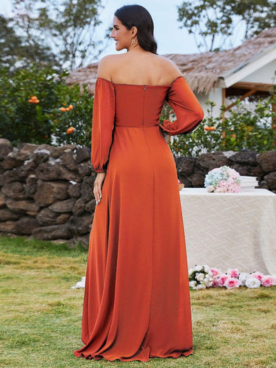 Long-Sleeved Chiffon Off Shoulder Evening Dresses with High Slit #color_Burnt Orange