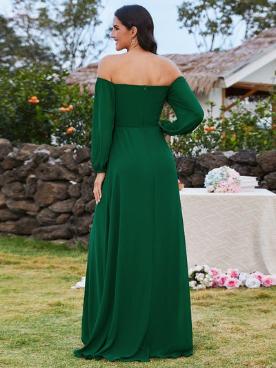 Long-Sleeved Chiffon Off Shoulder Evening Dresses with High Slit #color_Dark Green