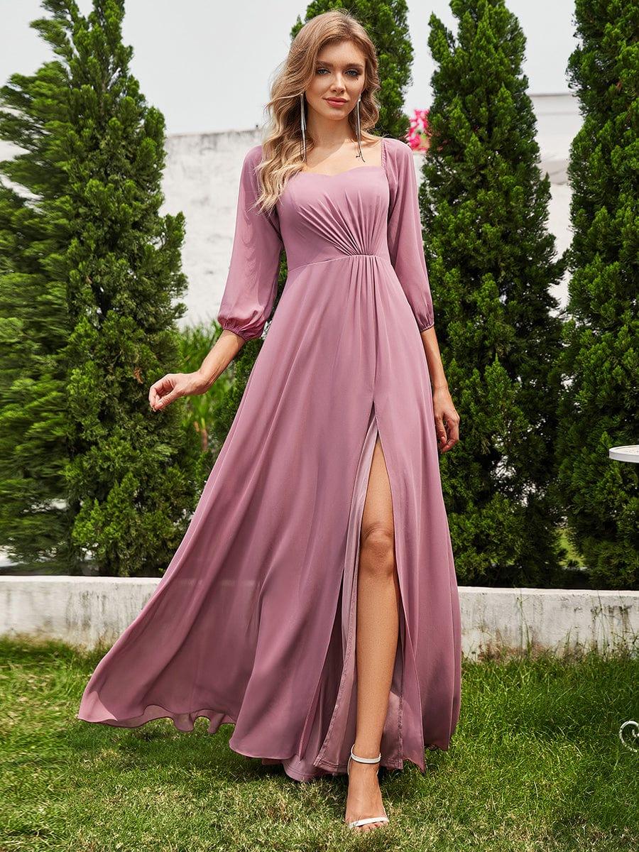 Long-Sleeved Chiffon Off Shoulder Bridesmaid Dresses with High Slit #color_Purple Orchid