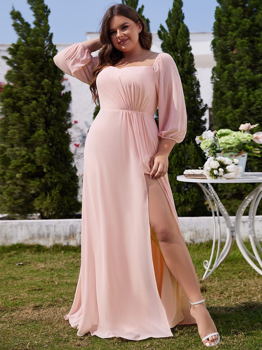 Plus Size Long-Sleeved Chiffon Off Shoulder Bridesmaid Dresses with High Slit #color_Pink
