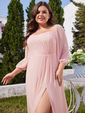Plus Size Long-Sleeved Chiffon Off Shoulder Bridesmaid Dresses with High Slit