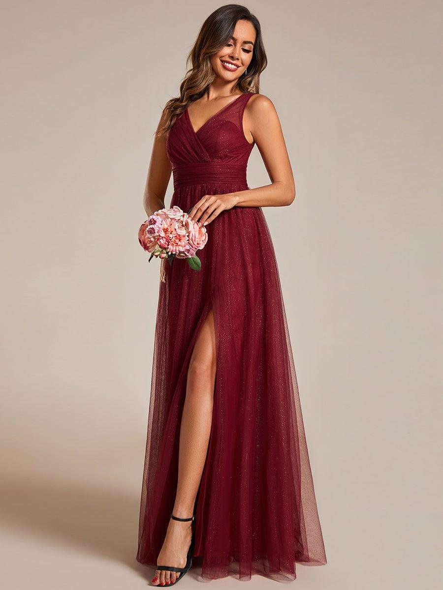High Waist and Slit Glittering Bridesmaid Dress with V-Neck #color_Burgundy