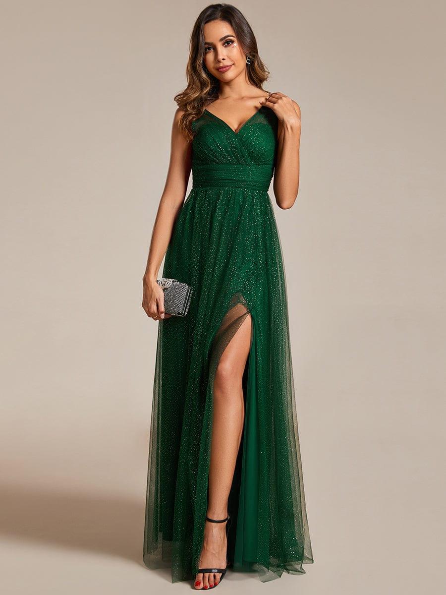 High Waist and Slit Glittering Bridesmaid Dress with V-Neck #color_Dark Green