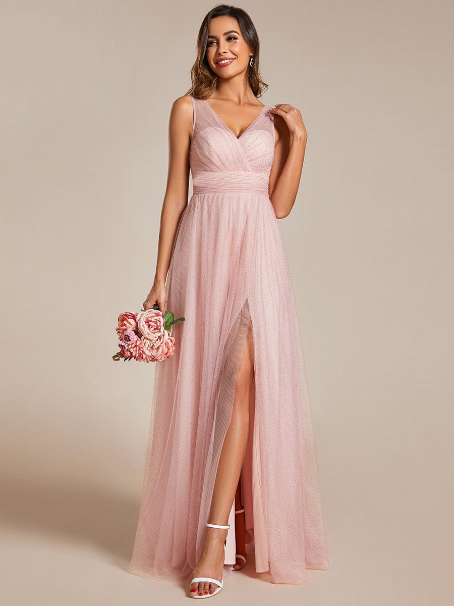 High Waist and Slit Glittering Bridesmaid Dress with V-Neck #color_Pink