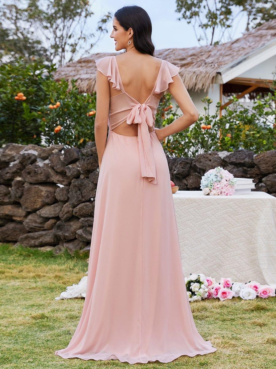 Bow-Tie Backless and High Slit U-Neck Bridesmaid Dress with Ruffle Sleeves #color_Pink