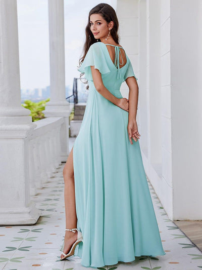 U-Neck Ruffle Sleeve High Slit A-Line Bridesmaid Dress with Back Tie #color_Sky Blue
