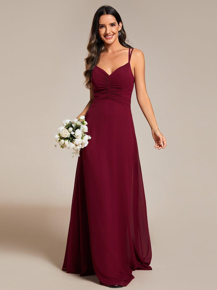 Chic Adjustable Straps Pleated Bridesmaid Dress with V-Neck #color_Burgundy