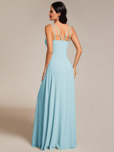 Chic Adjustable Straps Pleated Bridesmaid Dress with V-Neck #color_Sky Blue