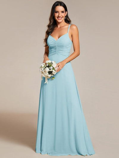 Chic Adjustable Straps Pleated Bridesmaid Dress with V-Neck #color_Sky Blue