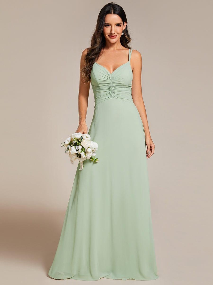 Pleated Spaghetti Straps Bridesmaid Dress featuring V-Neck