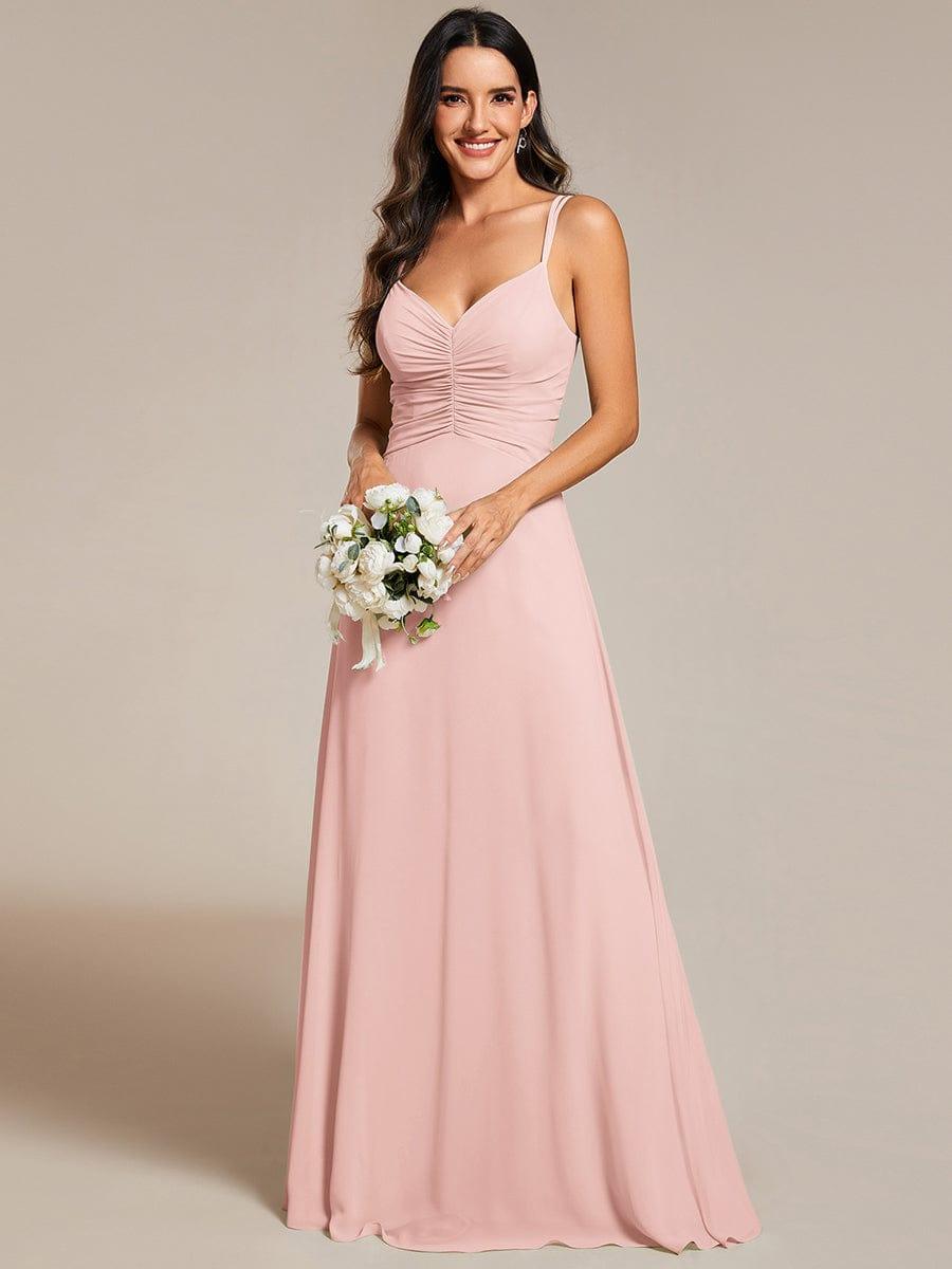 Chic Adjustable Straps Pleated Bridesmaid Dress with V-Neck #color_Pink