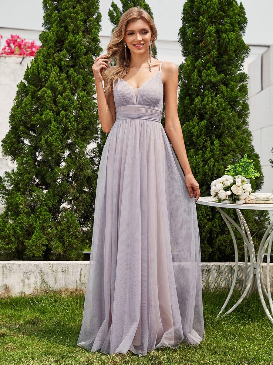 See-Through Backless V-Neck Pleated Sleeveless Bridesmaid Dress #color_Grey