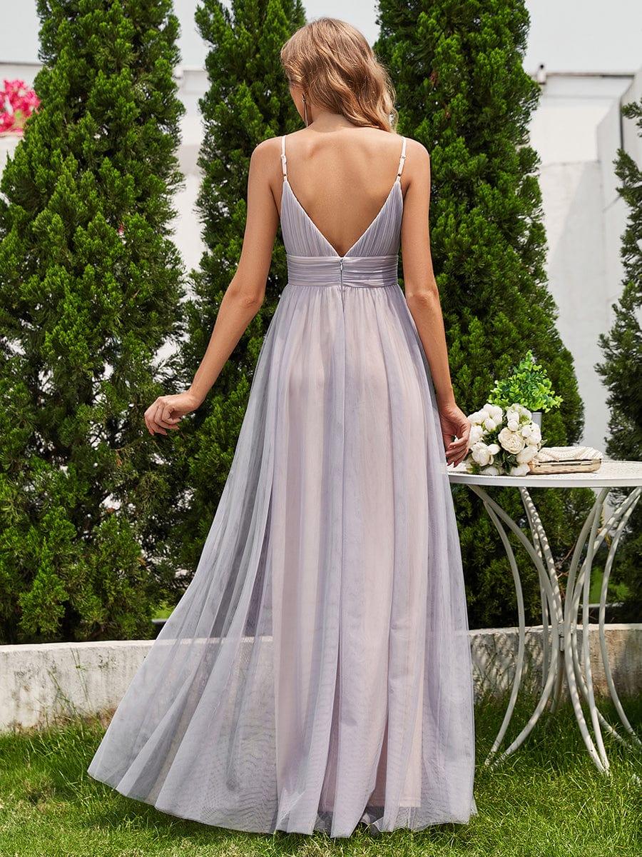 See-Through Backless V-Neck Pleated Sleeveless Bridesmaid Dress #color_Grey