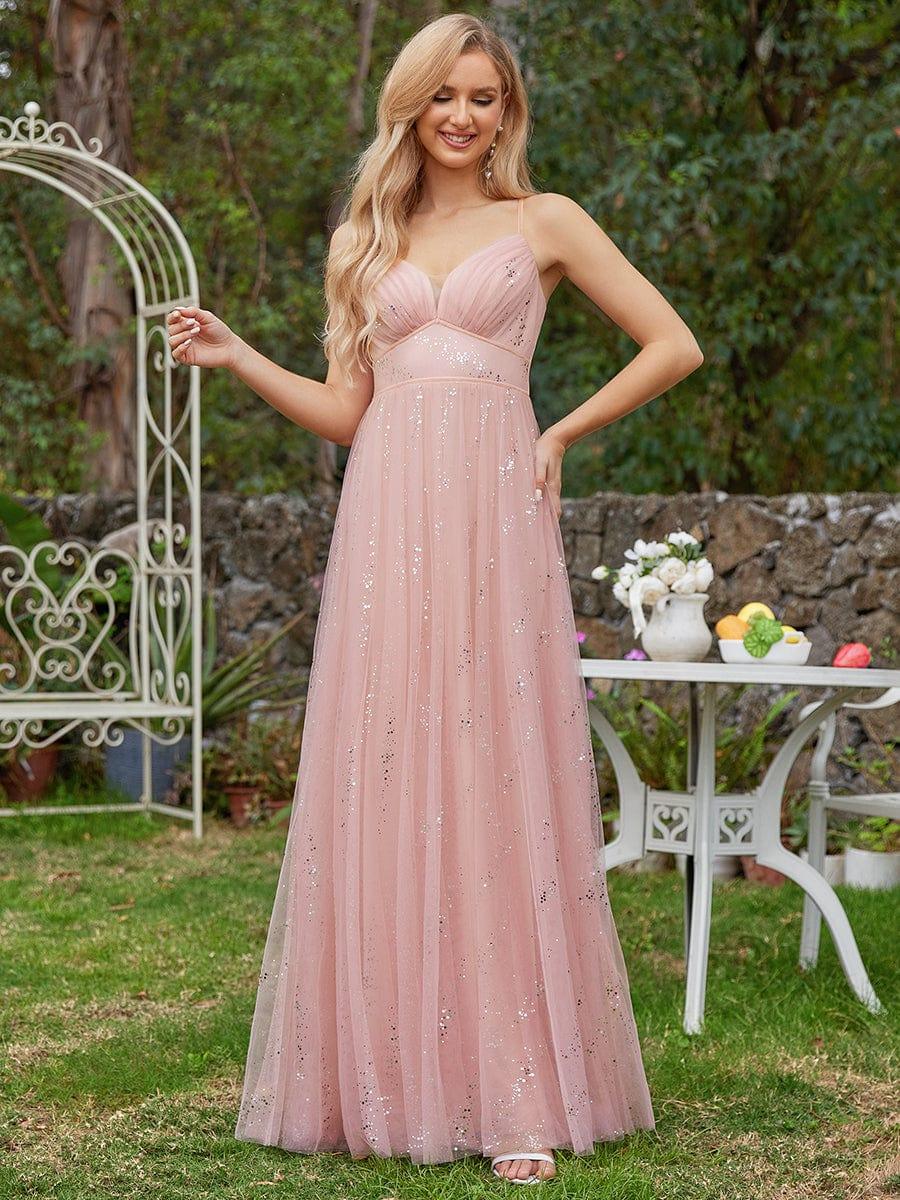 Sparkling Empire Waist Sleeveless Tulle Bridesmaid Dress with V-neck #color_Pink