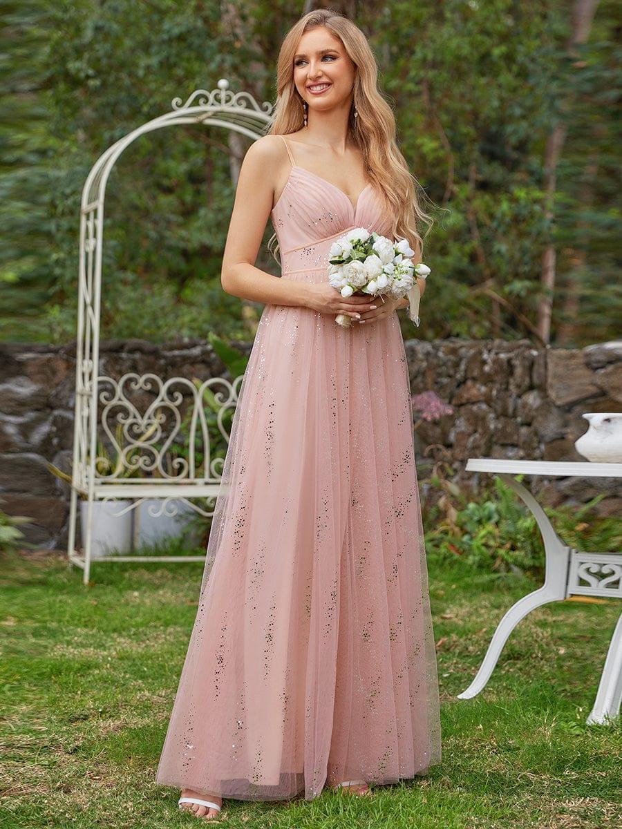 Sparkling Empire Waist Sleeveless Tulle Bridesmaid Dress with V-neck #color_Pink