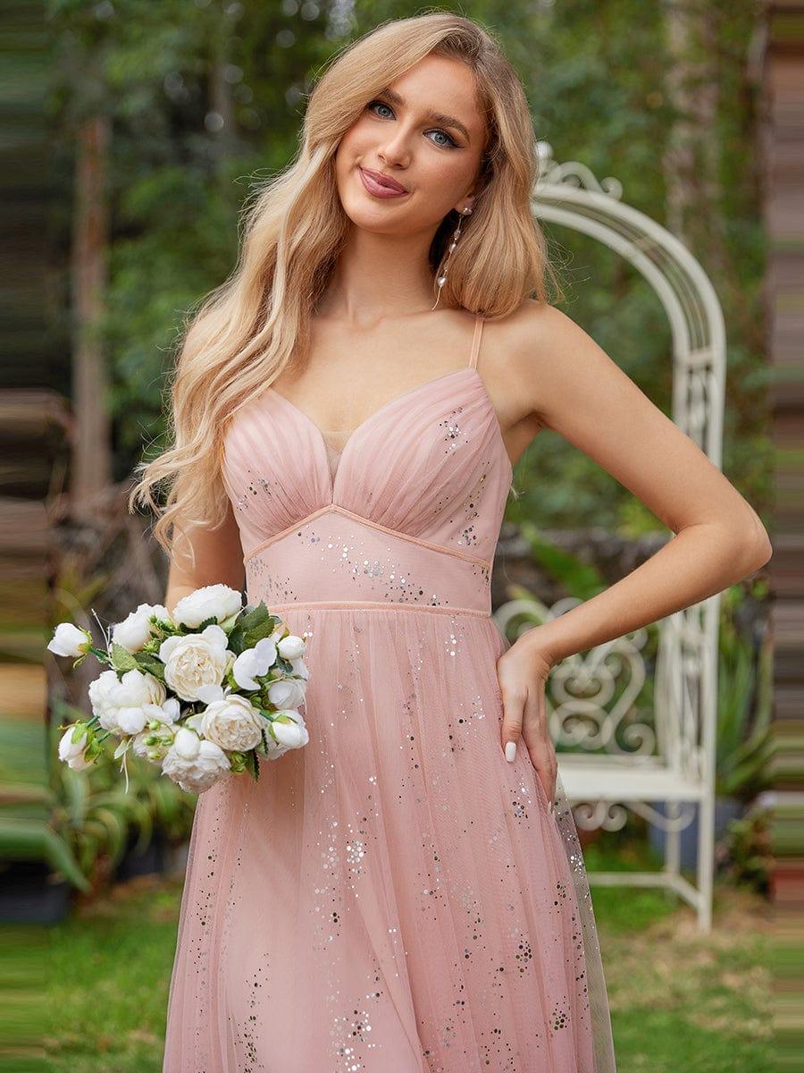 Sparkling Empire Waist Sleeveless Tulle Bridesmaid Dress with V-neck #color_Pink