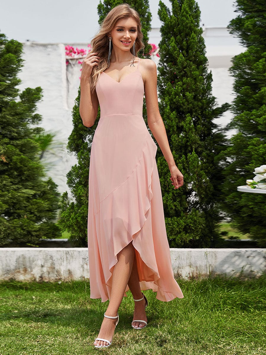 Chic Sleeveless Chiffon Bridesmaid Dress with Lotus Leaf #color_Pink