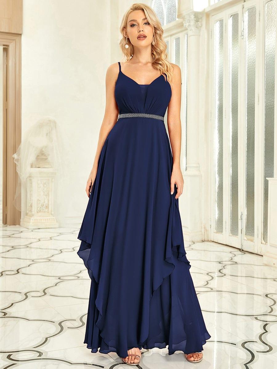 Pearl-Embellished Waist Ruffled V-Neck Sleeveless Chiffon Bridesmaid Dress #color_Navy Blue